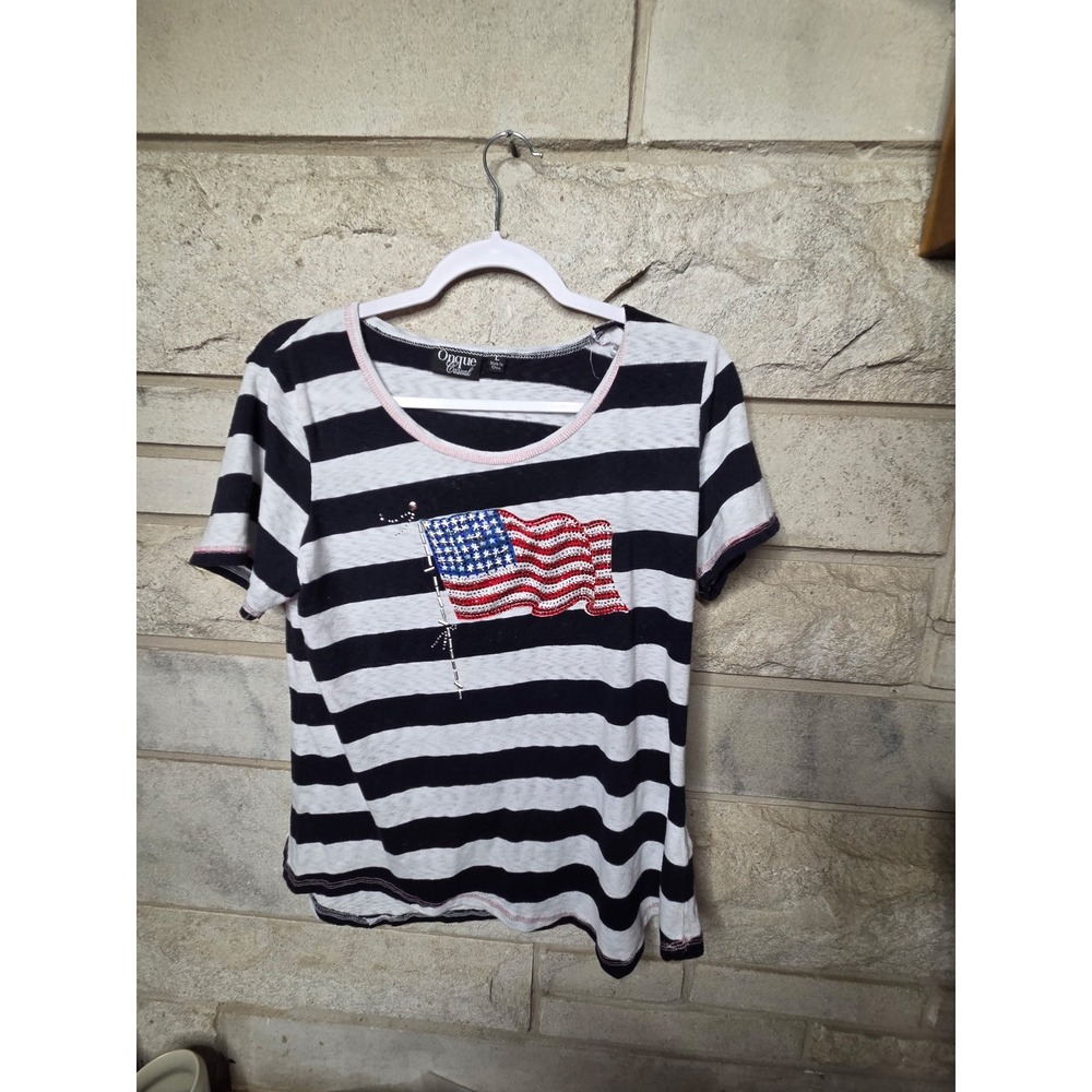Onque Casual Womens Striped‎ Rhinestone American Flag Short Sleeve Top Black L